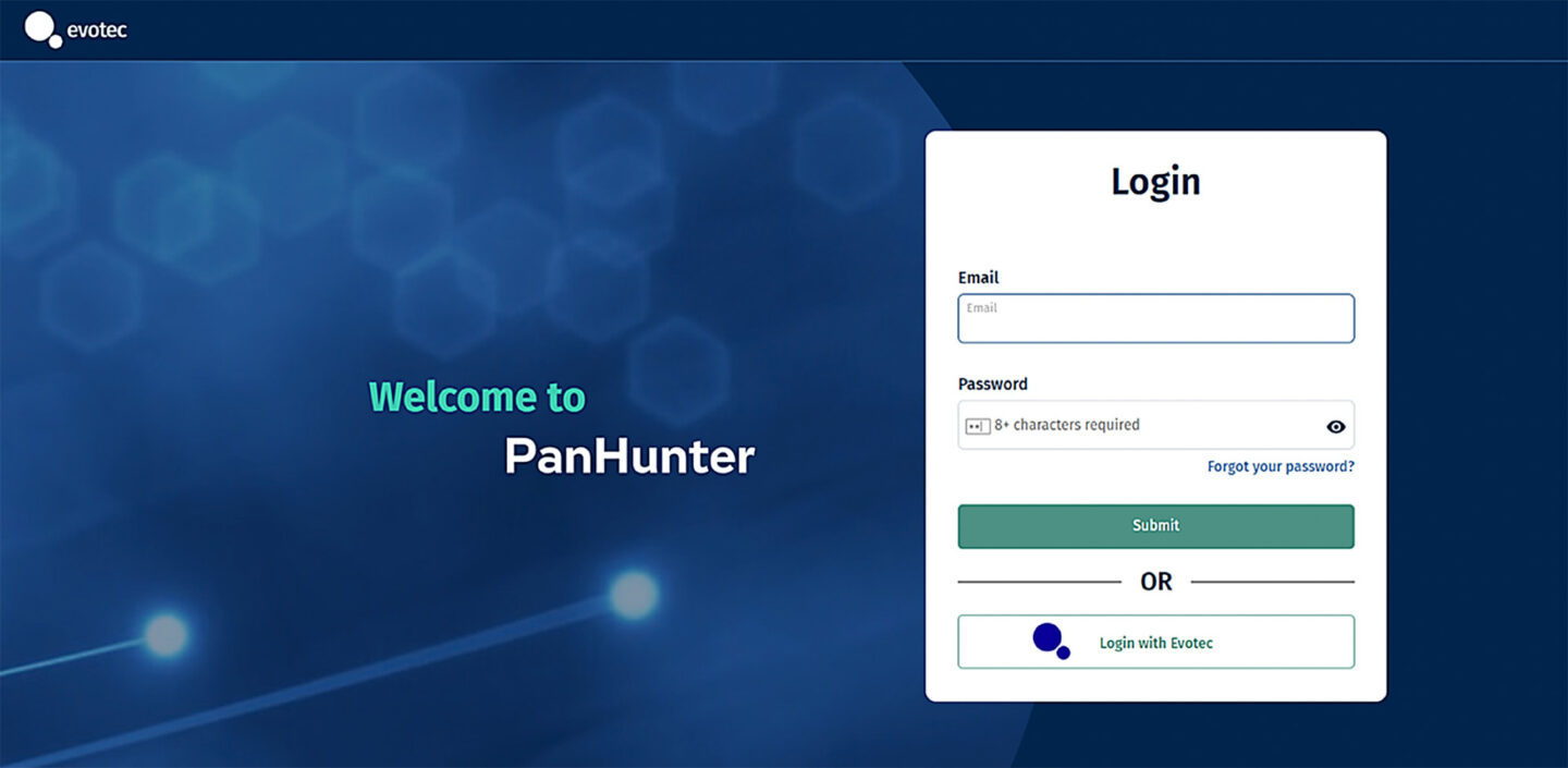 Login page of the Pan Hunter graphical user interface